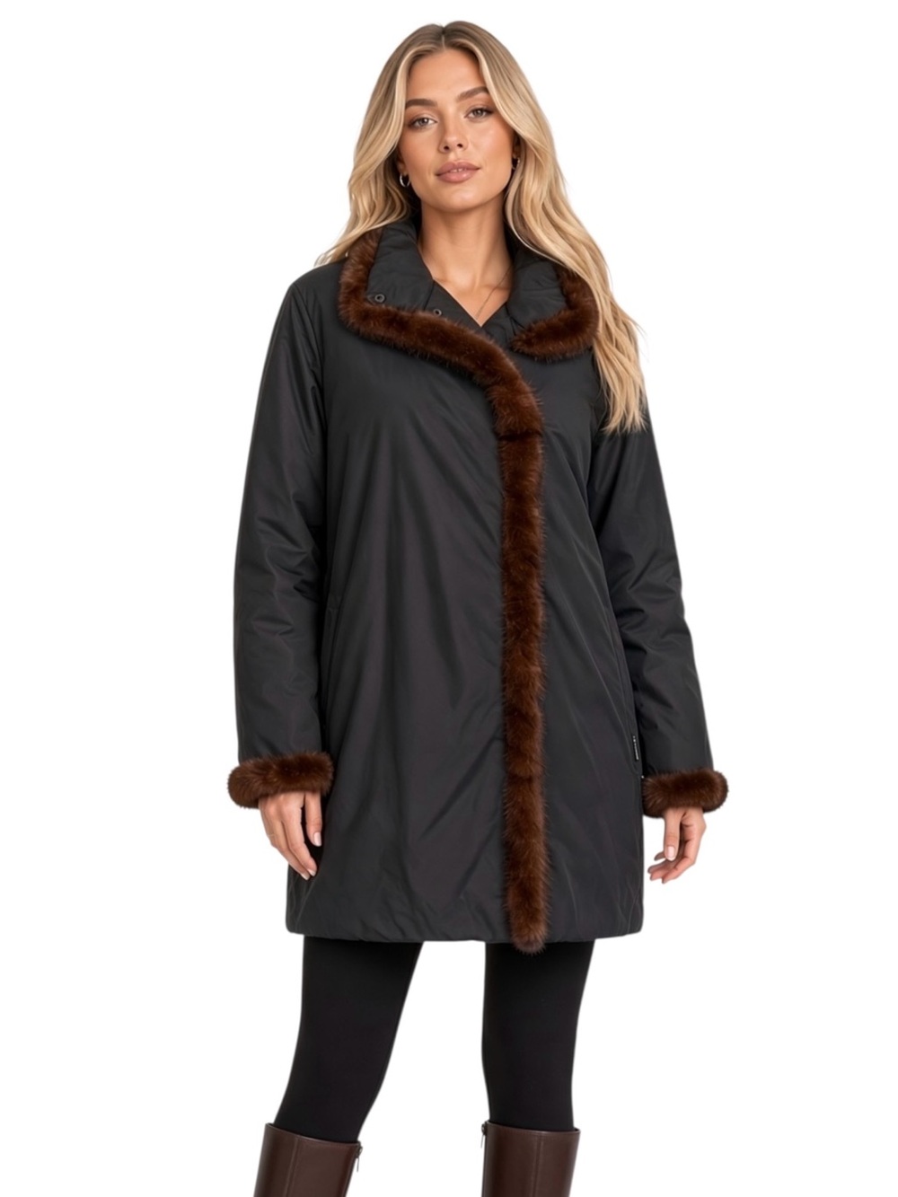 Junge collection fur trimmed hip length black and brown jacket